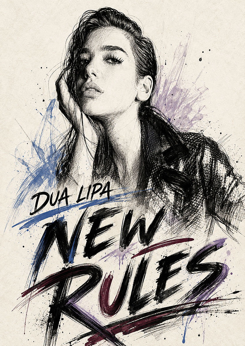 Stylised illustrative portrait of pop singer Dua Lipa with New Rules text and vibrant brushstroke details